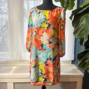 Trina Turk silk shift dress in bright abstract print, size 8